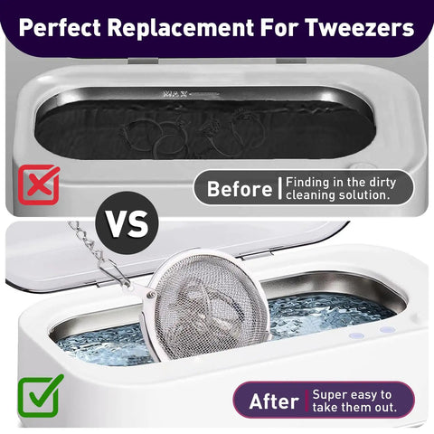 Rock Solid Stainless Steel Parts Washer Basket 3 Pack, showing before and after use in ultrasonic cleaner for jewelry.