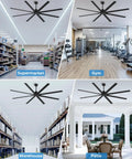 Ginormous 96-Inch HVLS Ceiling Fan With 8 Metal Blades, Quiet Reversible DC Motor in various large space settings