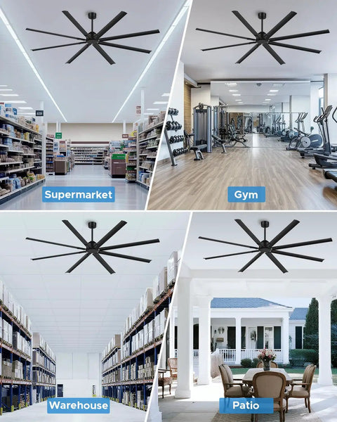 Ginormous 96-Inch HVLS Ceiling Fan With 8 Metal Blades, Quiet Reversible DC Motor in various large space settings