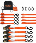 Rock Solid 15 Ft Ratchet Straps 4 Pack 1 Inch Wide Tie Down Ratchets For Trailers Trucks And Cars With Non Slip S Hook Heavy Duty Cargo Lashing Straps 2200 Lb Break Strength Orange Safety Color, displayed with hooks and storage bag.