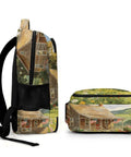 Side view of Puppy Watercolor Printed Backpack Unisex Large Capacity Go-To Everyday Carry Bag with house and floral design.