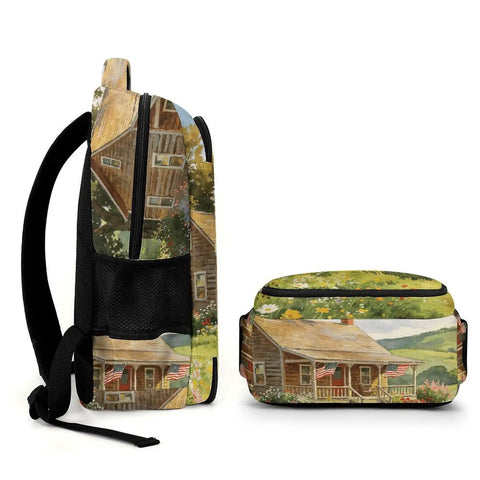 Side view of Puppy Watercolor Printed Backpack Unisex Large Capacity Go-To Everyday Carry Bag with house and floral design.
