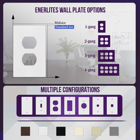 Screwless Duplex Wall Plates 1 Gang Receptacle Covers White Glossy Finish Durable Polycarbonate Thermoplastic Unbreakable Child Safe UL Listed 4.68 By 2.93 Inches Pack Of 5 options and configurations chart.