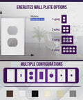 Diagram showing various wall plate options including 1-gang to 4-gang with multiple configurations and color options.