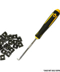 Heavy Duty Six Inch Cage Nut Tool For Server And Network Rack Mounting Includes An Ultra Comfy Rubber Grip Handle next to cage nuts.