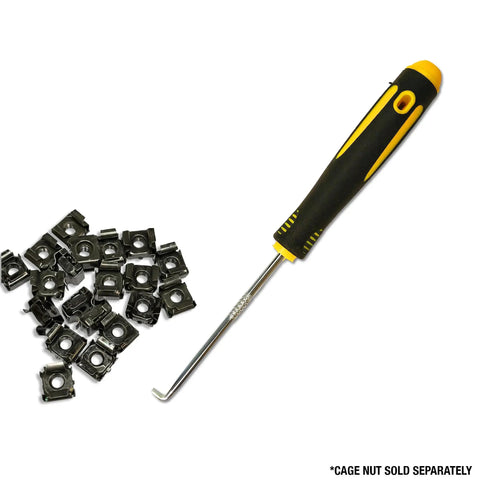 Heavy Duty Six Inch Cage Nut Tool For Server And Network Rack Mounting Includes An Ultra Comfy Rubber Grip Handle next to cage nuts.