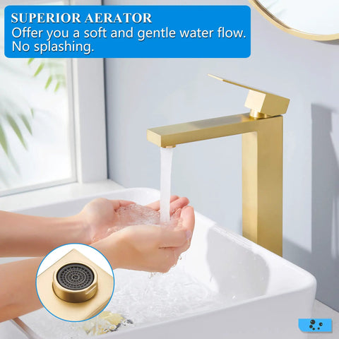 Brushed Gold Sleek Vessel Sink Faucet Tall Single Handle 1 Hole Water Saving Aerated Spout 304 Stainless Steel Bathroom Vanity Faucet With Water Supply Hose And Pop Up Drain