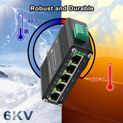 Five Port Gigabit PoE Switch With One Uplink Port For DIN Rail Mount IEEE 802.3af At Power Over Ethernet Up To 30W PoE for extreme temperatures
