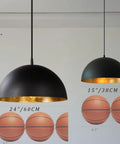 15" Black and Gold Dome Pendant Lights, 3 Pack Industrial Farmhouse Textured Matte Black Hanging Light Fixtures with Hand-Applied Gold Leaf Interior for Kitchen Island, Dining Room, Bar, E26, showcasing sizes.