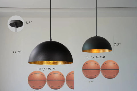 15" Black and Gold Dome Pendant Lights, 3 Pack Industrial Farmhouse Textured Matte Black Hanging Light Fixtures with Hand-Applied Gold Leaf Interior for Kitchen Island, Dining Room, Bar, E26, showcasing sizes.