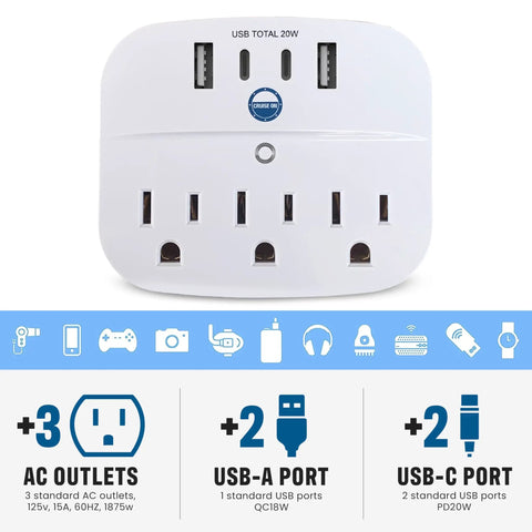 Front view of Non Surge Cruise Power Strip With Two USB C Ports, Two USB A Ports, And Three AC Outlets, Cruise Ship Compliant.
