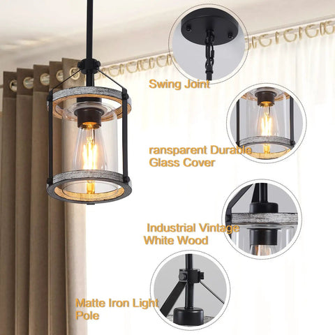 Rustic Wood And Glass Pendant Light With Matte Black Frame, Adjustable Farmhouse Lighting For Kitchen Island, Foyer, Sink, Dining Room, Industrial Vintage Ceiling Fixture For Modern Homes, showcasing detail and structure.