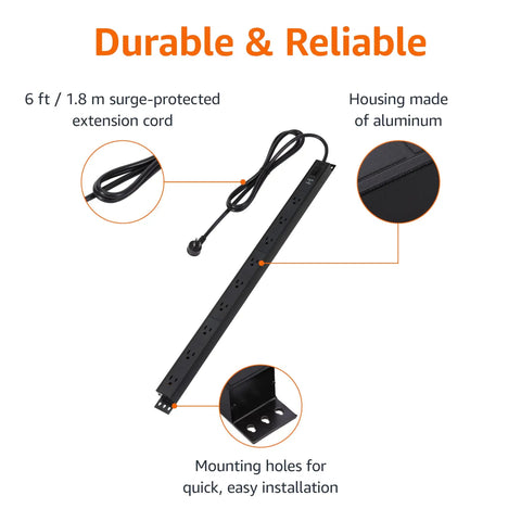 Hefty Nine Outlet Surge Protector Power Strip with a 6 ft aluminum extension cord and mounting holes for easy installation.