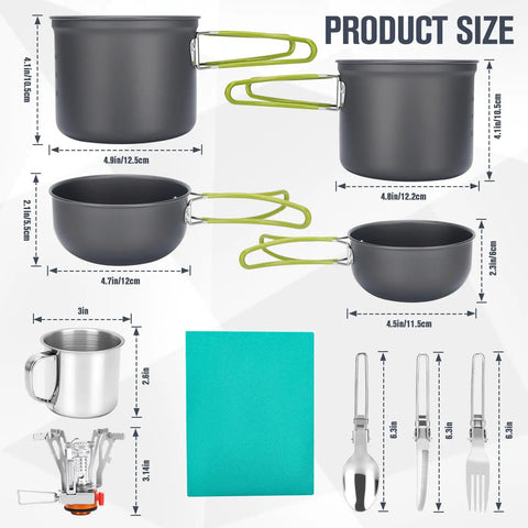 Trail Ready 16 Piece Camping Cookware Set For Backpacking With anodized aluminum pots, pans, cups, and utensils, product sizes.
