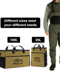 Vented Wader Bag With Mesh Panels For Fishing And Hunting, Water Resistant 108L Gear Tote For Boots And Dry Storage, Khaki XL shown