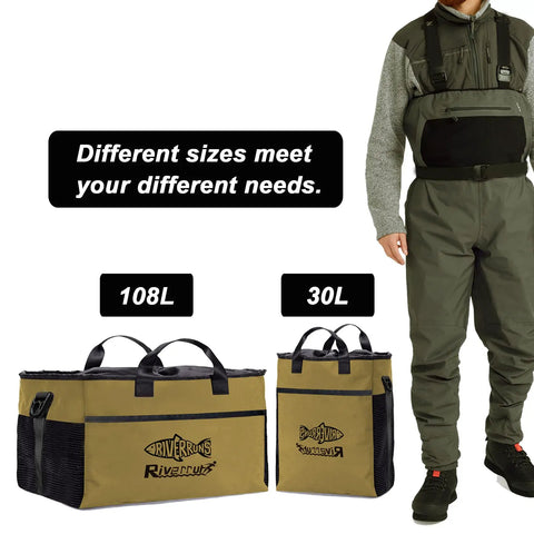Vented Wader Bag With Mesh Panels For Fishing And Hunting, Water Resistant 108L Gear Tote For Boots And Dry Storage, Khaki XL shown