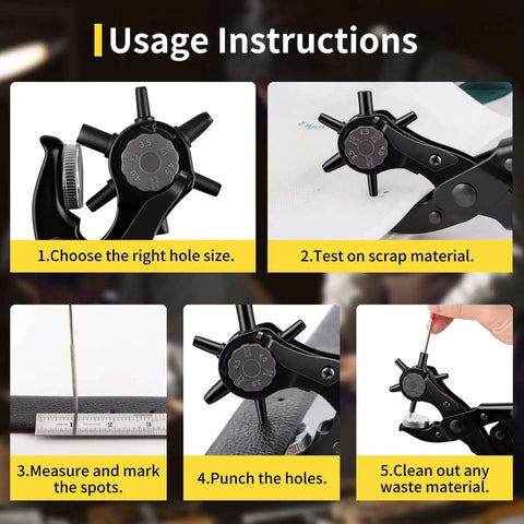 Instruction steps for Long Handle Revolving Leather Hole Punch Kit For Belts Watch Bands Straps Dog Collars And More
