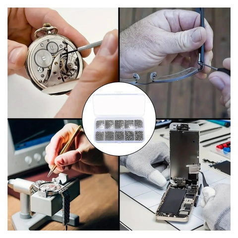 600 And 1200 Piece Miniature Self Tapping Screws Set, Crosshead Phillips Head Carbon Steel Kit shown in repair use for watches, glasses, electronics