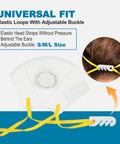 NIOSH Approved N95 Respirator Mask 10 Pack With Breathing Valve showing elastic loops and adjustable buckle