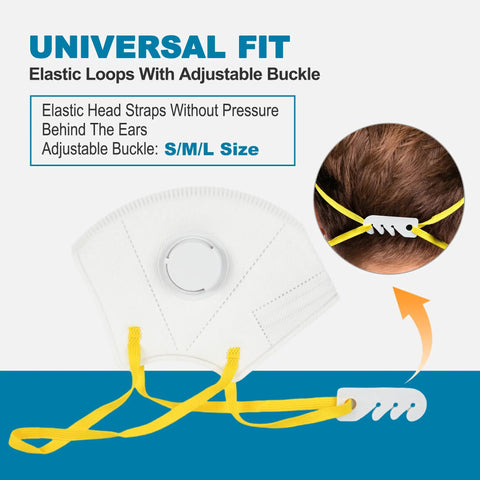 NIOSH Approved N95 Respirator Mask 10 Pack With Breathing Valve showing elastic loops and adjustable buckle