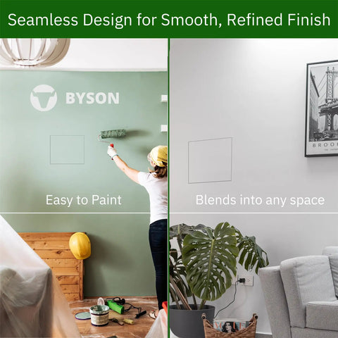 Sweet Slick 12X12 Drywall Access Panel With Heavy Duty Steel Frame And No Sweat Mudflange For Seamless Wall Finish Plus Top Shelf 58 Gypsum Inlay displayed in a painted wall.