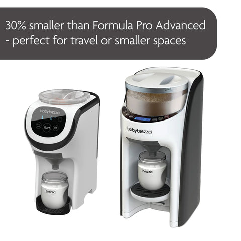 Two white Baby Brezza formula maker units; compact Formula Pro Mini on left and standard Formula Pro on right.
