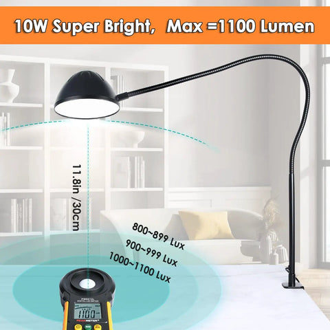 Gooseneck Clip Desk Lamp With Clamp, 10W 1100 Lumens, 31 Inch Flexible Arm, illustrated in use with lux measurement.