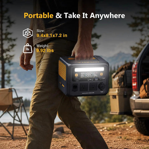 Person carrying a 600W Portable Power Station With 268.8Wh Lifepo4 Battery And Pure Sine Wave Output, size 9.4x8.1x7.2in.