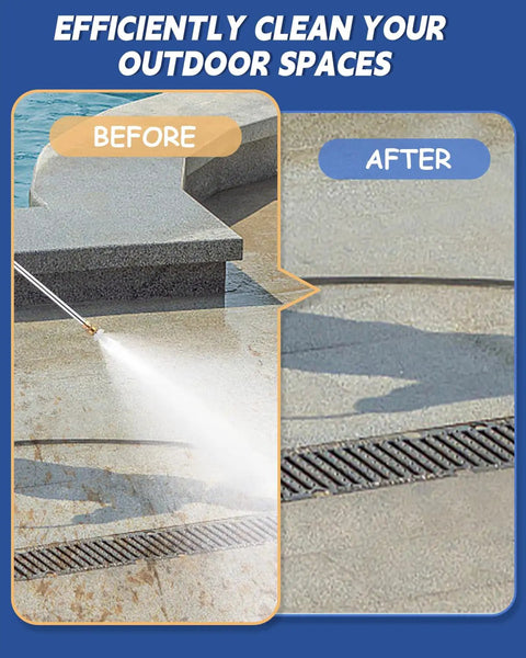 Upgraded Jet Nozzle Power Washer cleaning patio before and after, showing effective dirt removal and hydro jet cleaning power.