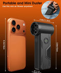 Cordless Turbo Air Duster With 110,000 RPM Brushless Motor compared to a smartphone, dimensions shown for both, held in hand.
