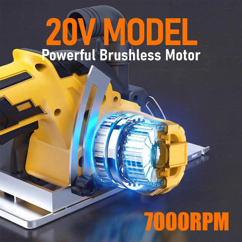Heavy Duty Cordless Circular Saw With Slick 6 Inch Blade Compatible With Dewalt 20V Max System No Battery Included Portable Case And Precision Guide For Clean Wood And Pvc Cuts Built Tough No Sweat showing 20V brushless motor at 7000RPM.