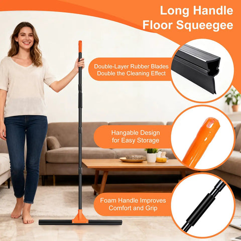 Pro Grade Heavy Duty Floor Squeegee With Long Handle, 18 Inch Rubber Blade for concrete, tile, and smooth surfaces use.