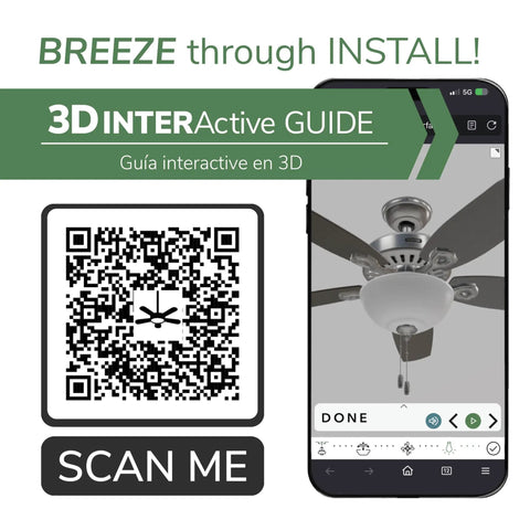 3D interactive guide for Top Tier 52 Inch Indoor Ceiling Fan With Bright Integrated Led Lighting, featuring QR code for setup.