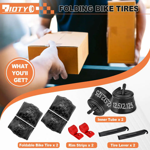 Two Pack Kids Bike Tire Set, 12 And 12.5 Inch Folding Replacement Tires With Tubes, Levers, Rim Strips displayed with packaging