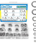 Front view of MroMax 570-piece external tooth lock washer set in a clear case; stainless steel, sizes M2.5–M12.