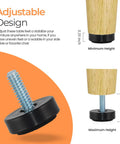Adjustable design of 12 Pack Slick 1/4-20 Thread Furniture Levelers with rubber feet, showing minimum and maximum height settings.