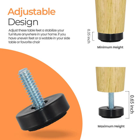 Adjustable design of 12 Pack Slick 1/4-20 Thread Furniture Levelers with rubber feet, showing minimum and maximum height settings.