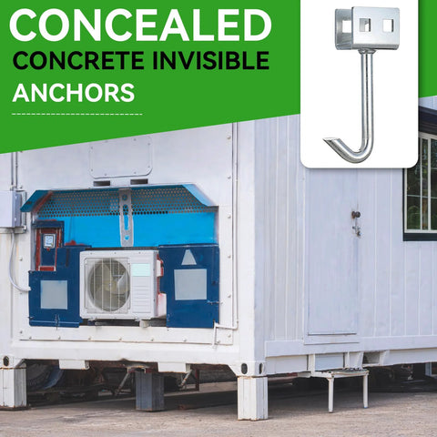 Mobile home with visible air conditioning unit and inset of a concrete j hook anchor for wet concrete installation.