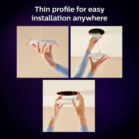 No Hassle Mount Big Time Brightness Smart 6 Inch Recessed LED Downlight 6 Pack shown in hands for easy installation.