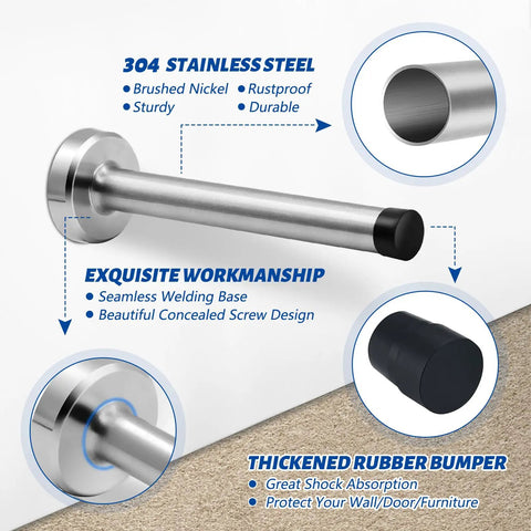 Heavy Duty 6 Inch Wall Door Stopper Set Premium Stainless Steel Brushed Nickel Finish with thick rubber bumper feature