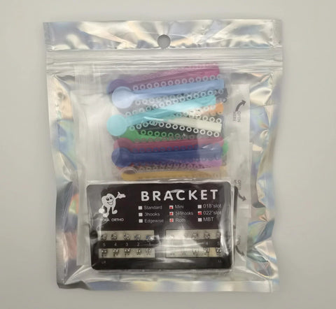 Teeth Model Mini Roth Brackets Roth 022 Slot Bondable Kit with ligature ties in packaging for orthodontic use