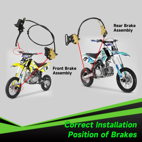Image showing pit bike front brake and 12mm rear hydraulic disc caliper assembly for SSR 125cc 110cc Tao Tao Coolster Roketa X Pro bikes.