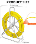Product image of Fiberglass Fish Tape 500Ft One Quarter Inch Duct Rodder Wire Puller With Steel Reel Stand, showing size dimensions.