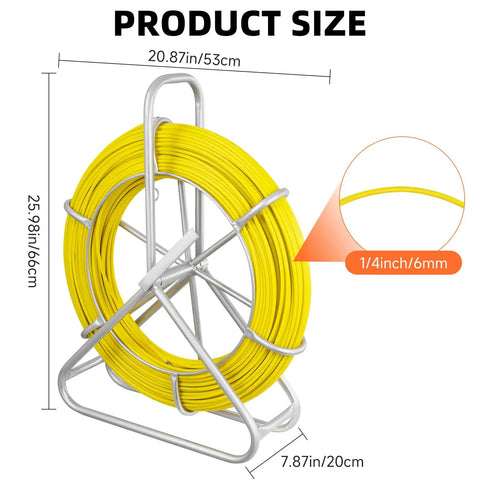 Product image of Fiberglass Fish Tape 500Ft One Quarter Inch Duct Rodder Wire Puller With Steel Reel Stand, showing size dimensions.