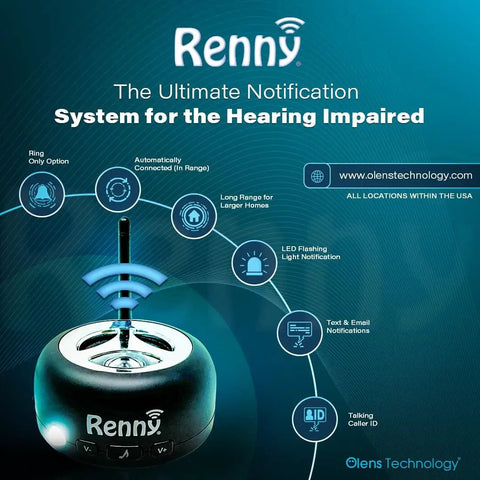 Image of Renny loud cell phone ringer amplifier and flash alert for hearing impaired, showing features like LED light and Bluetooth connectivity.