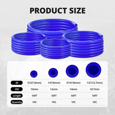 Blue Silicone Vacuum Tubing Hose Line Kit 10 Ft Each Size 5/32 1/4 5/16 1/2 Inch Max 130 PSI Food Grade Pure Rubber For Car Mods And Custom Builds, size chart