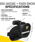 Micro Aero Wedge Seatpost Bag With Fixer F11 For 27.2 To 34.9 Mm Posts Black Durable 1000D Nylon QuickClick Mount