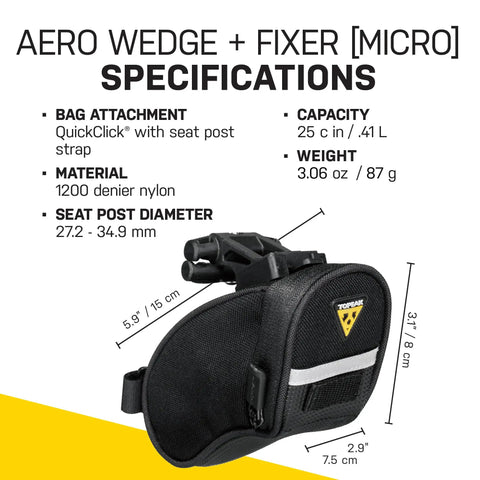 Micro Aero Wedge Seatpost Bag With Fixer F11 For 27.2 To 34.9 Mm Posts Black Durable 1000D Nylon QuickClick Mount
