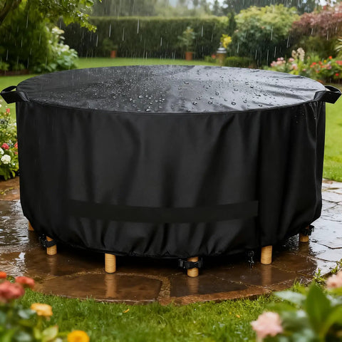 Round Outdoor Table And Chair Set Cover Fits 48 Inch Diameter By 28 Inch High Beefy Built 420D Waterproof UV Resistant Windproof Dustproof Black Patio Furniture Cover on table.