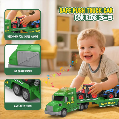 Child playing with Large 27 Inch Farm Truck Toy Set With Two Tractors And A 3 In 1 Inertia Powered Transport Vehicle With Lights And Realistic Sounds